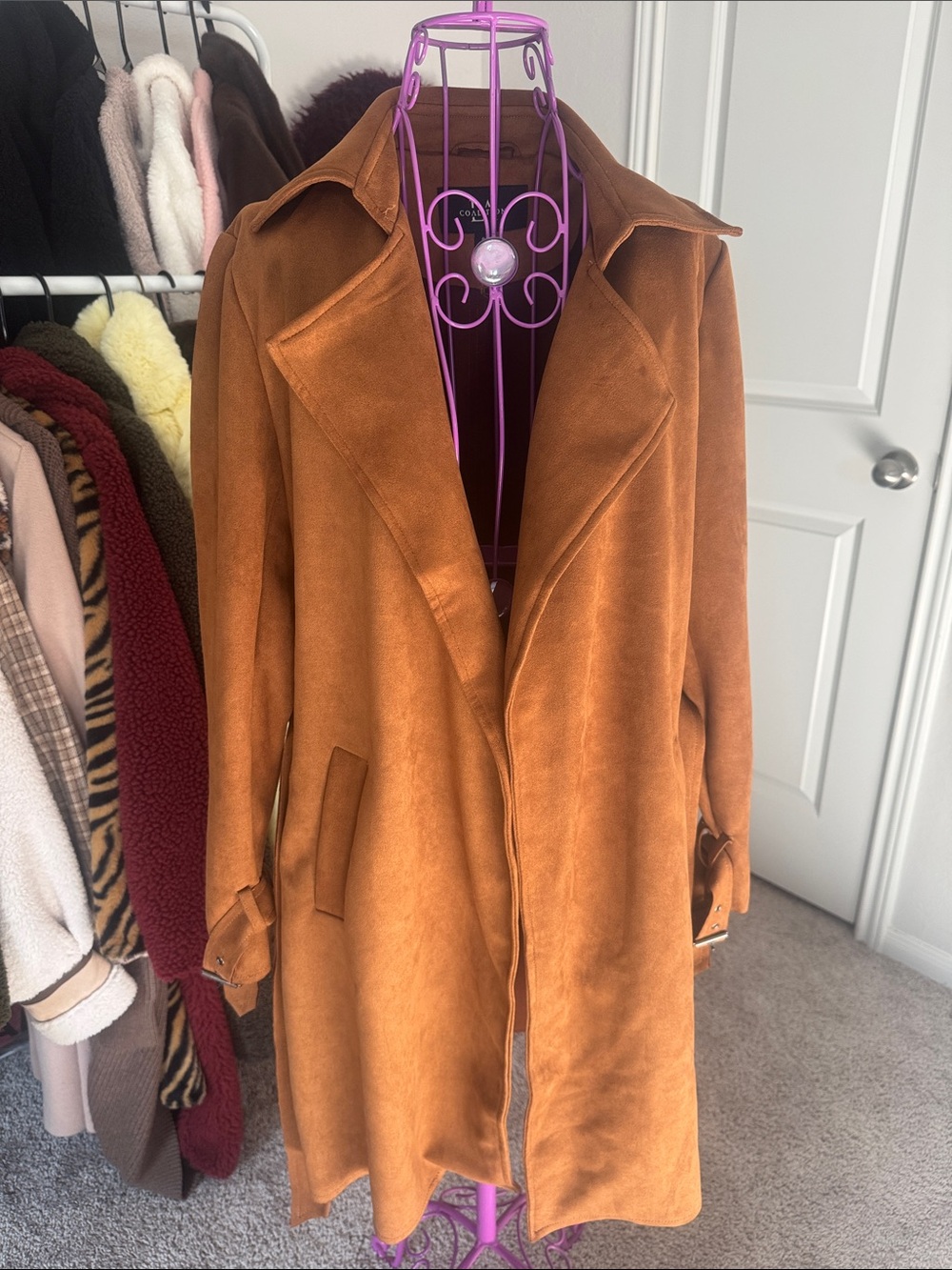LA Coalition Suede Long Trench Coat in Cognac Brown - Women